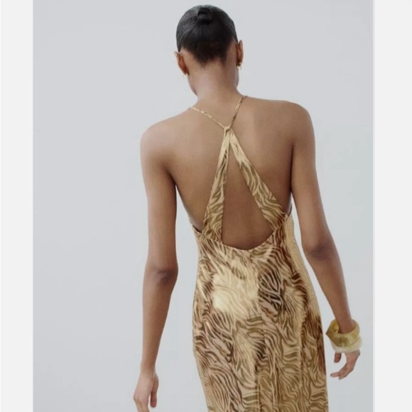 ZARA  FOIL ANIMAL PRINT MIDI HALTER OPEN BACK GOLD DRESS - Picture 5 of 16